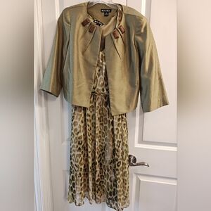 Dana Kay Metallic Green Jacket with Sleeveless Leopard Dress, Size 8.